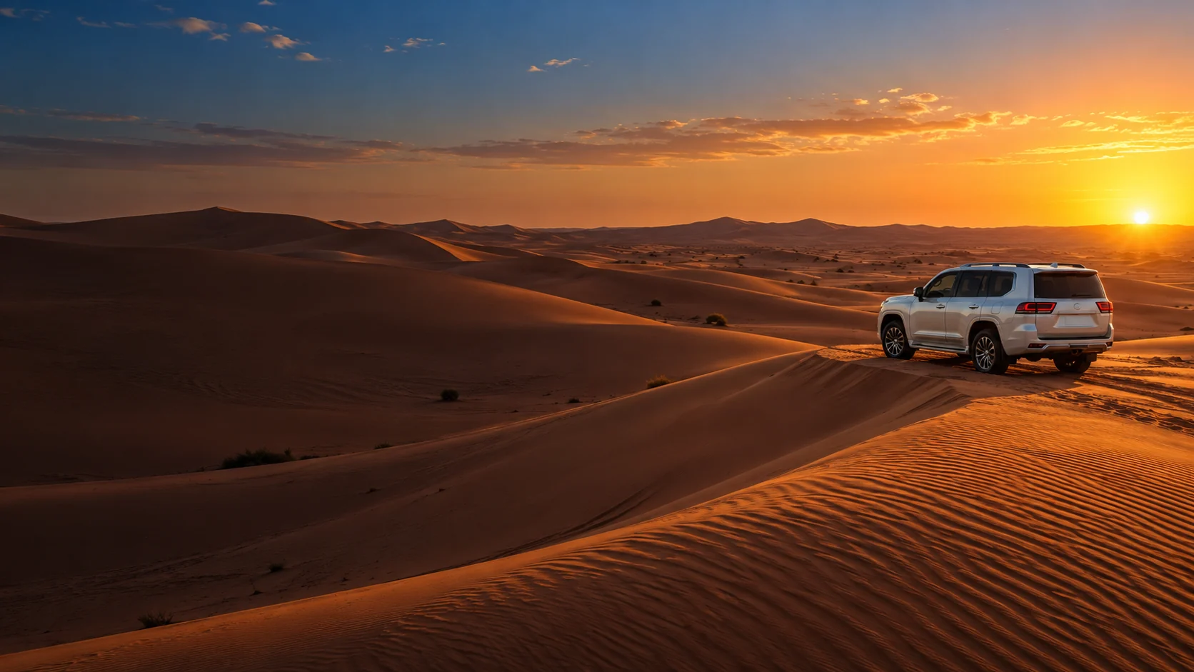 Illustrative UAE desert safari at sunset